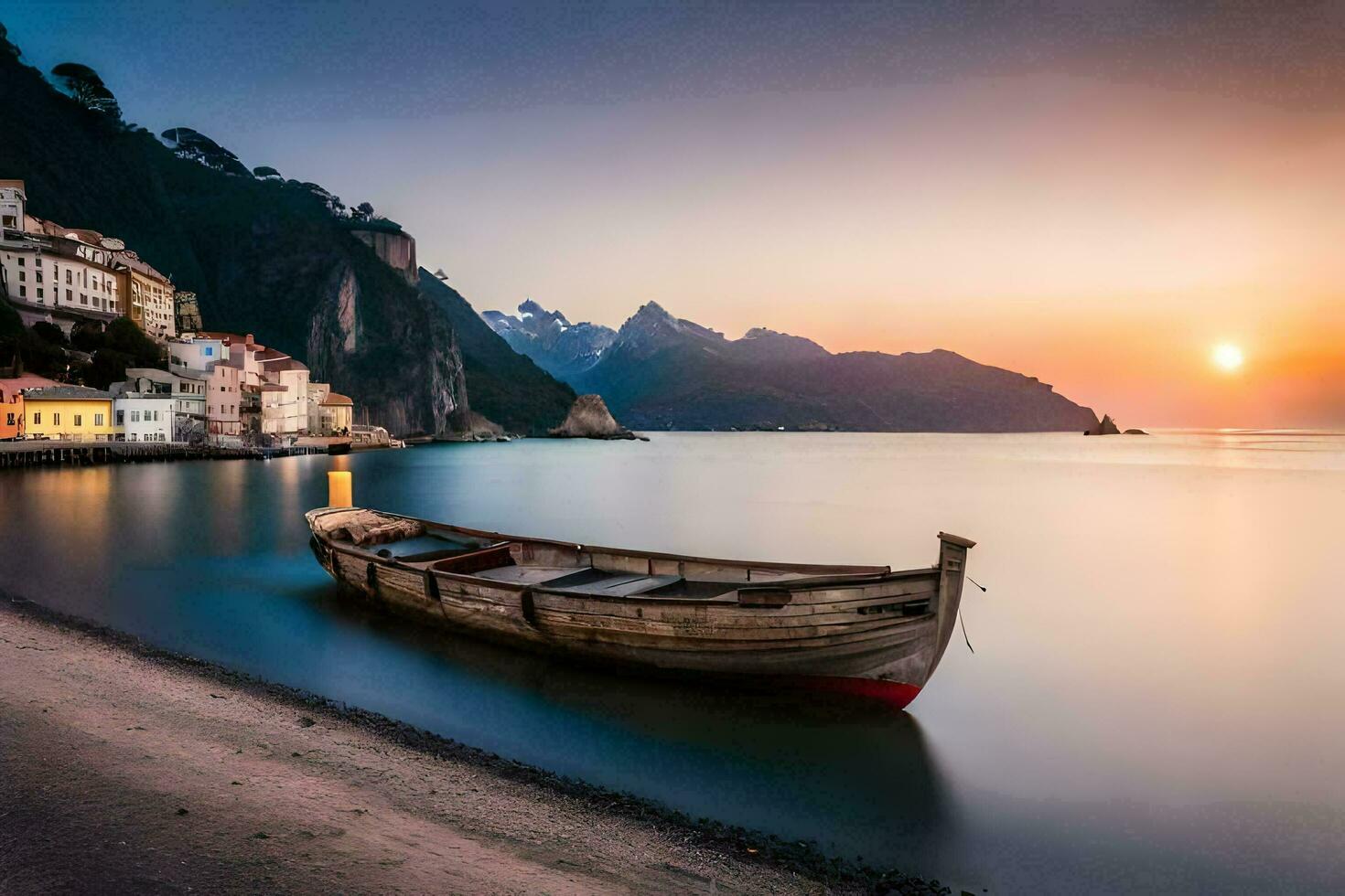 ein Boot sitzt auf das Ufer beim Sonnenuntergang. KI-generiert foto