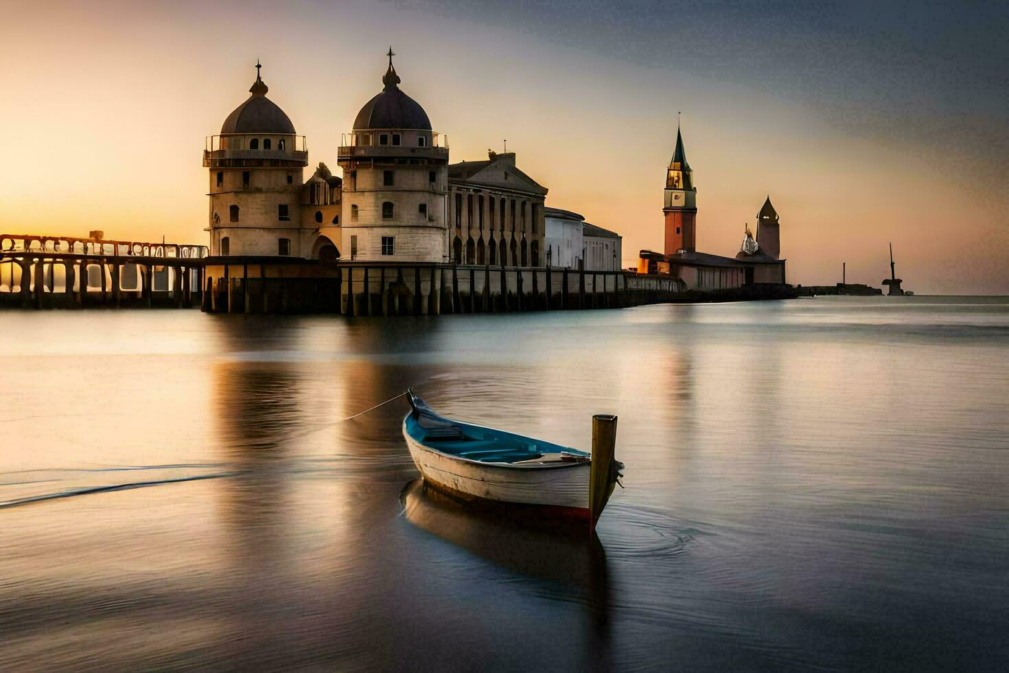 ein Boot sitzt im das Wasser beim Sonnenuntergang. KI-generiert foto