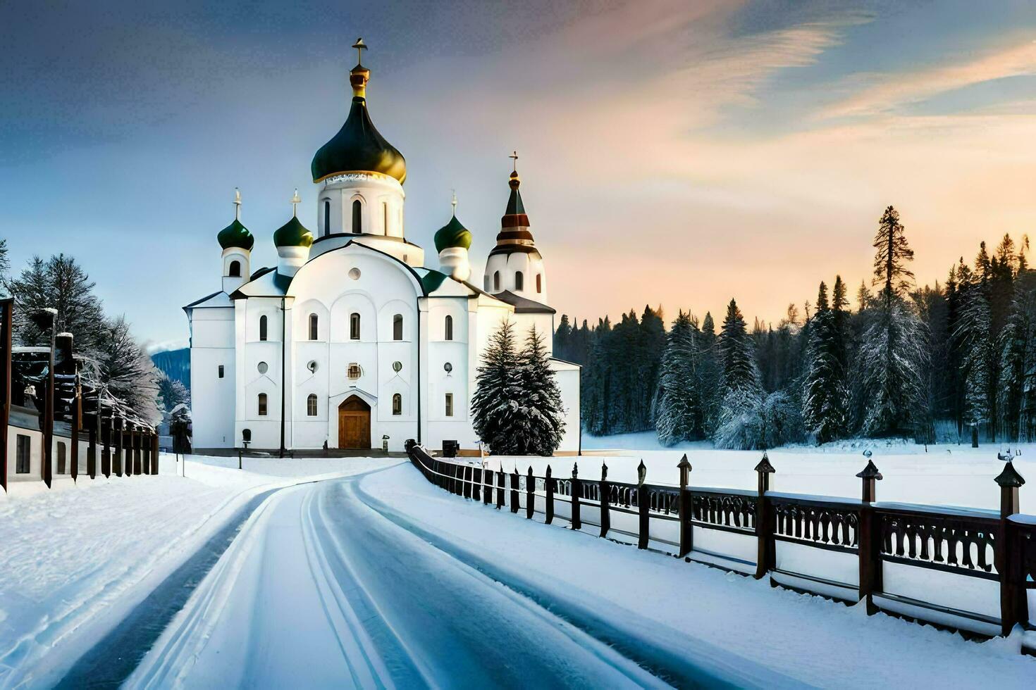 ein schneebedeckt Straße führt zu ein Kirche im das Mitte von ein Wald. KI-generiert foto