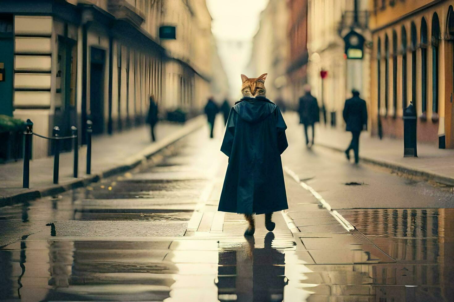 ein Fuchs im ein Mantel Gehen Nieder ein Straße. KI-generiert foto