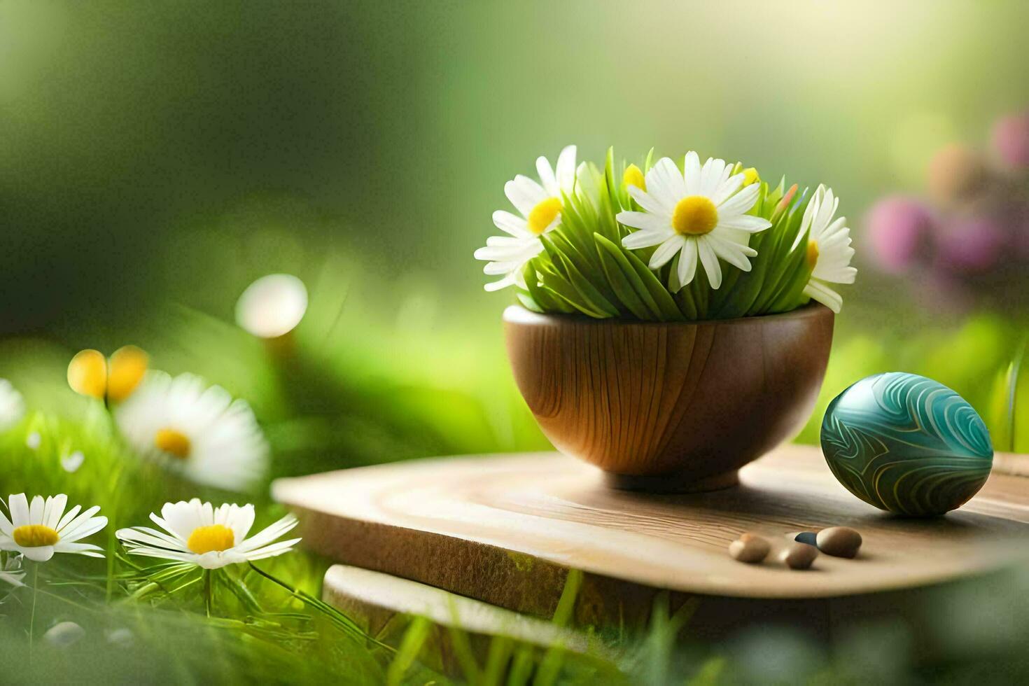 das Ostern Ei ist platziert im ein hölzern Schüssel mit Gänseblümchen und ein Grün Ei. KI-generiert foto