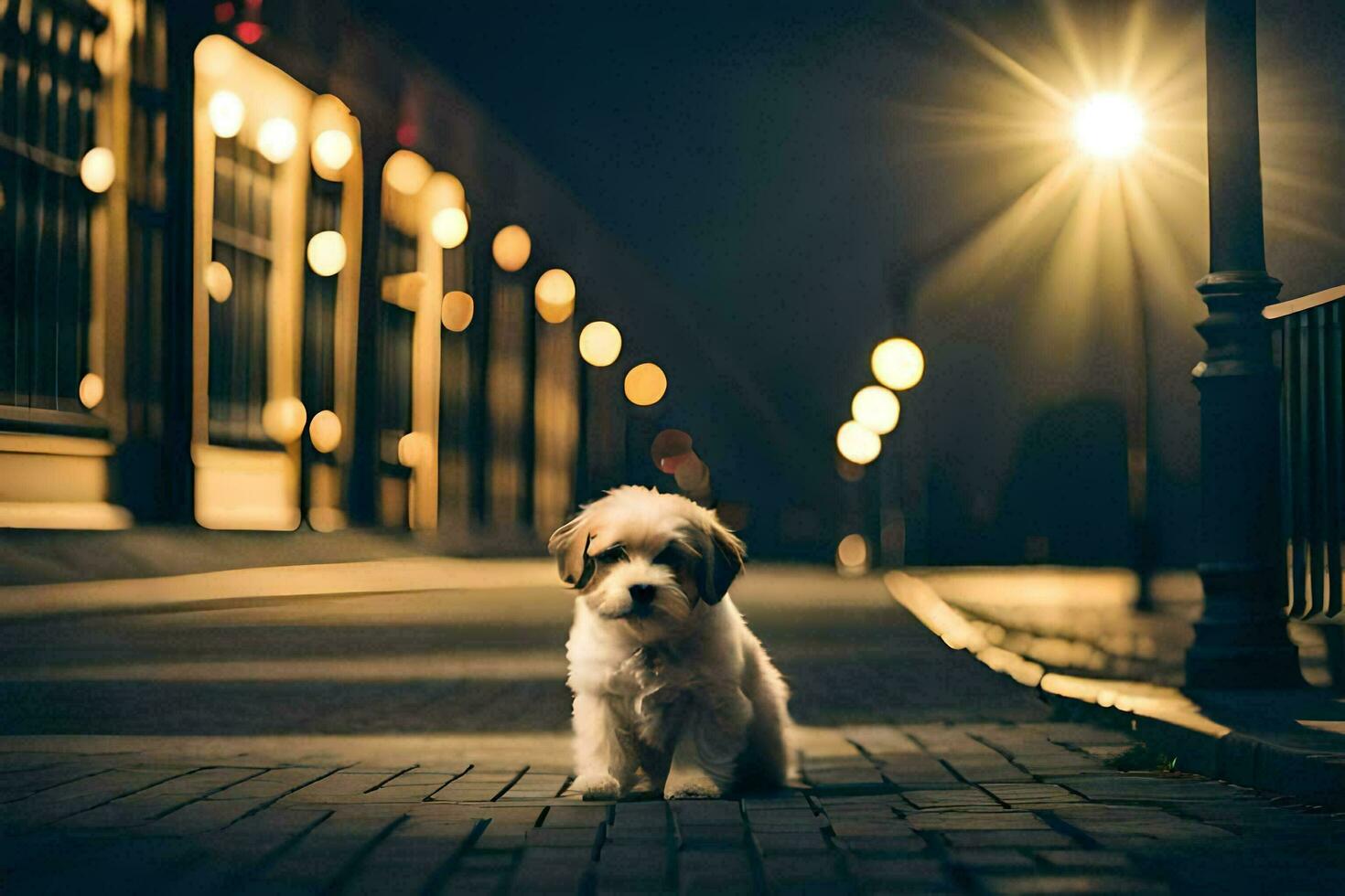 ein klein Hund Sitzung auf das Bürgersteig beim Nacht. KI-generiert foto