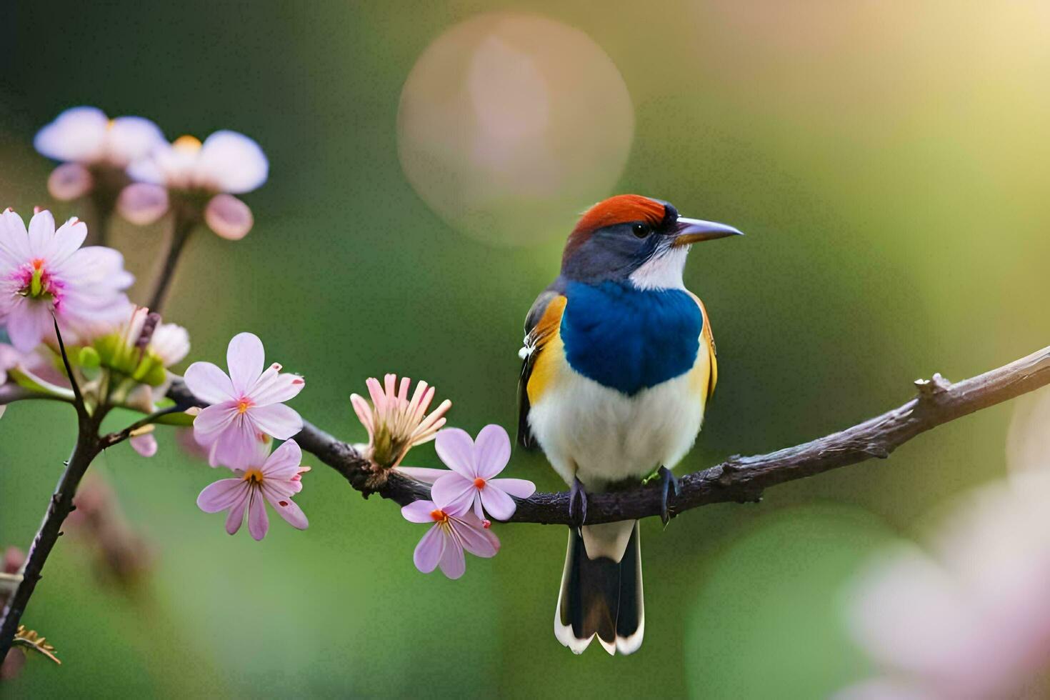 ein bunt Vogel sitzt auf ein Ast mit Blumen. KI-generiert foto