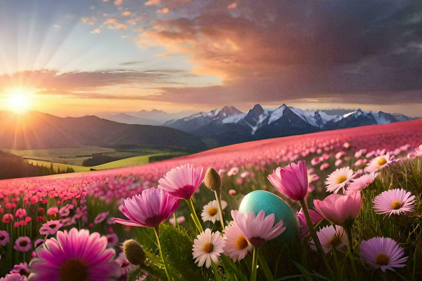 das Sonne steigt an Über ein Feld von Rosa Blumen und ein Ostern Ei. KI-generiert foto