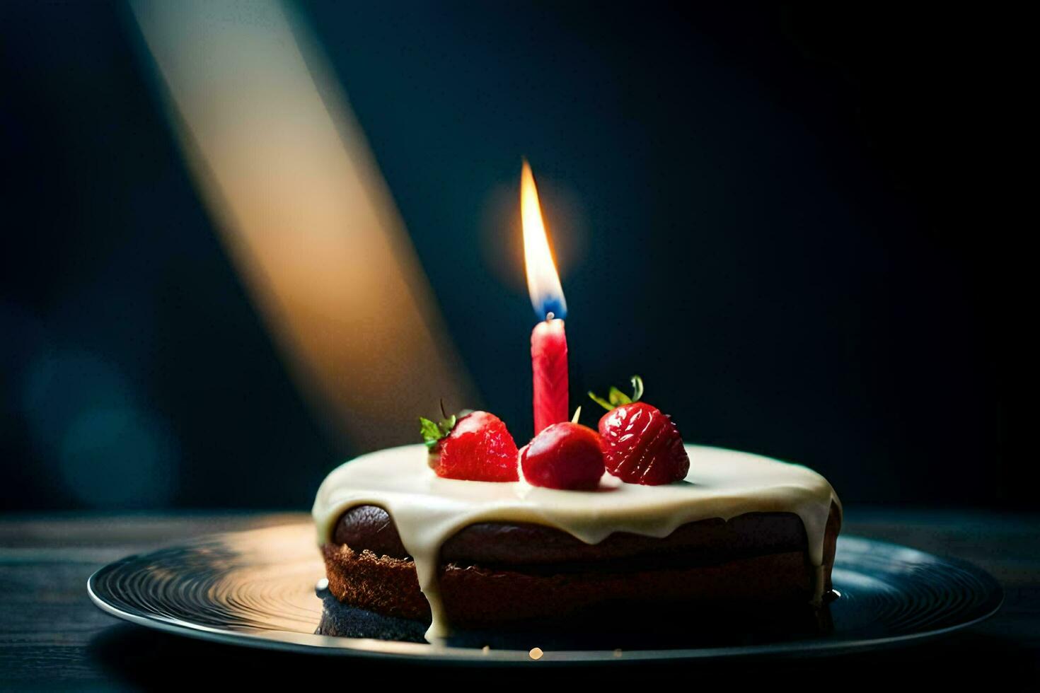 ein Geburtstag Kuchen mit ein Single Kerze auf oben. KI-generiert foto