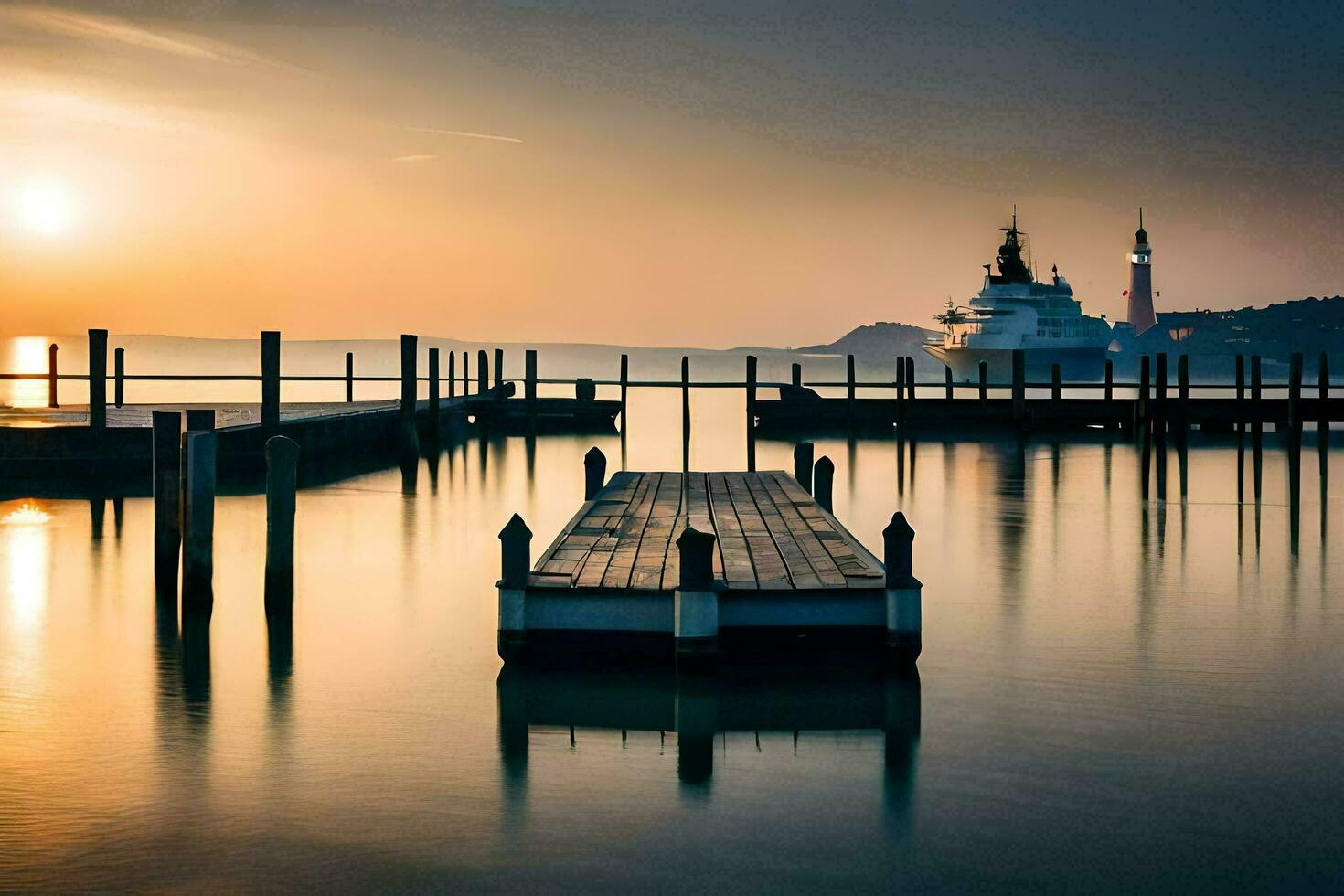 Foto Hintergrund das Himmel, Wasser, Dock, Boot, Leuchtturm, Sonnenuntergang, das Meer, Die. KI-generiert