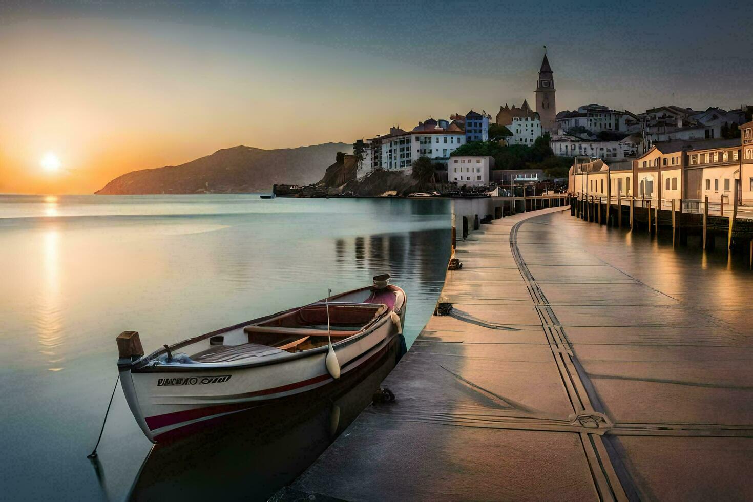 ein Boot sitzt auf das Wasser beim Sonnenuntergang. KI-generiert foto