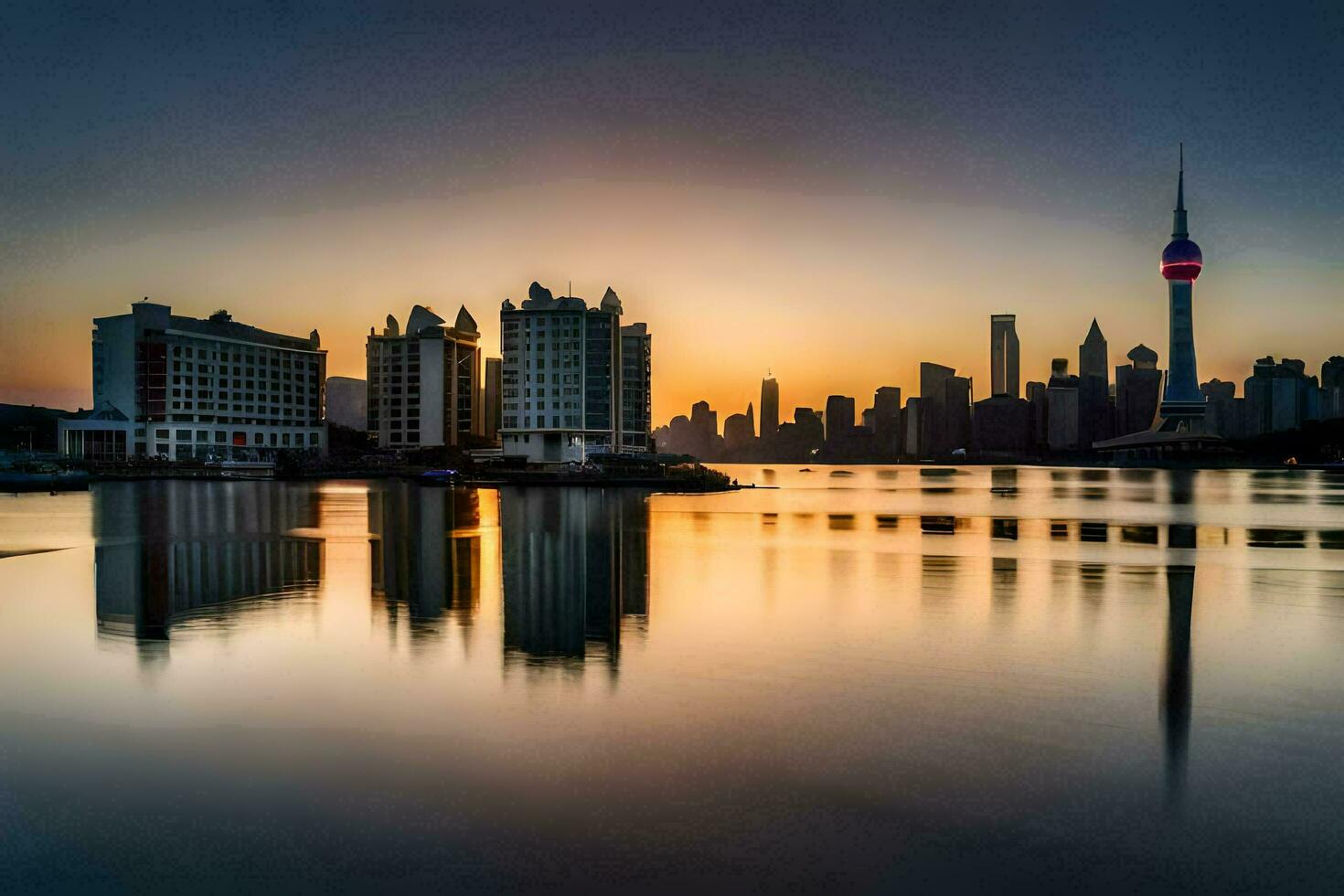 das Stadt Horizont ist reflektiert im das Wasser beim Sonnenuntergang. KI-generiert foto