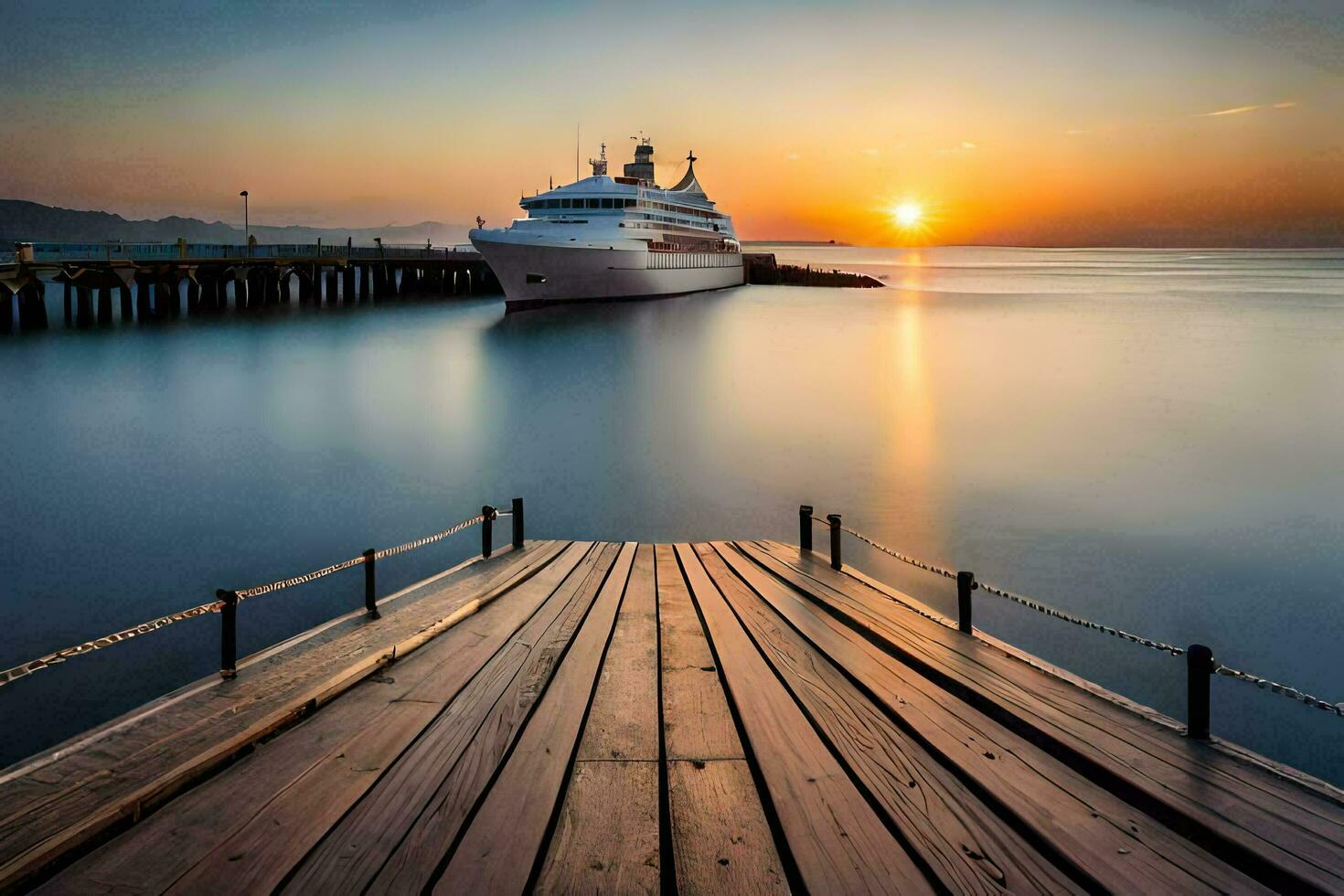 ein Kreuzfahrt Schiff angedockt beim das Seebrücke beim Sonnenuntergang. KI-generiert foto