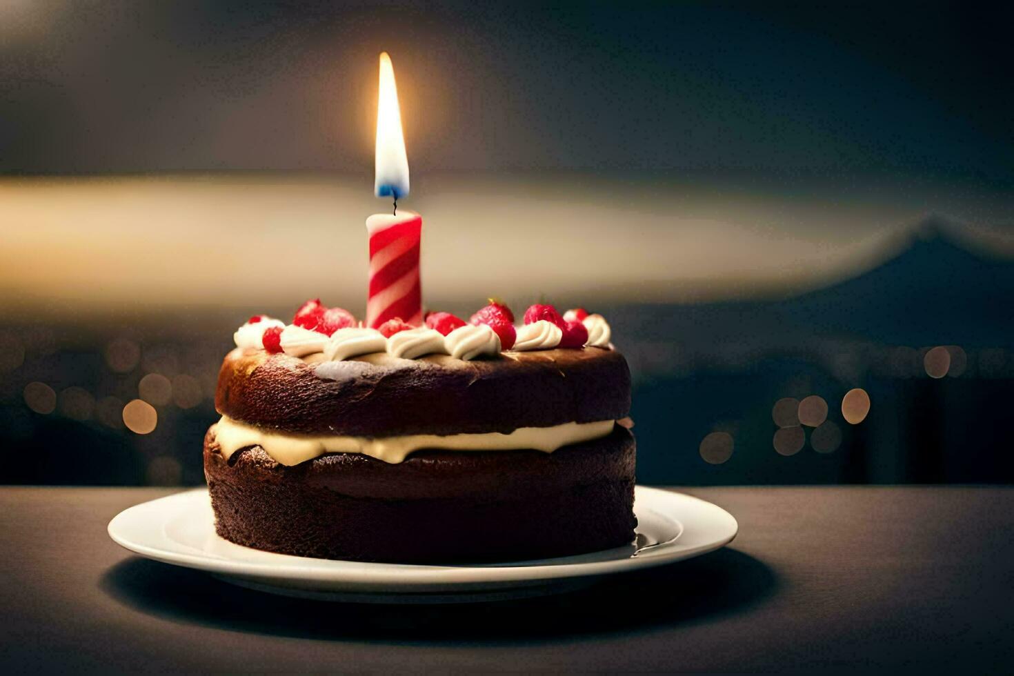 ein Schokolade Kuchen mit ein zündete Kerze auf oben. KI-generiert foto