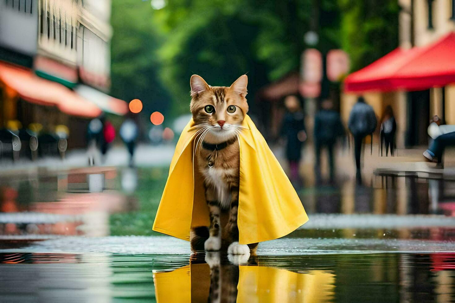 ein Katze tragen ein Gelb Regenjacke auf ein regnerisch Tag. KI-generiert foto