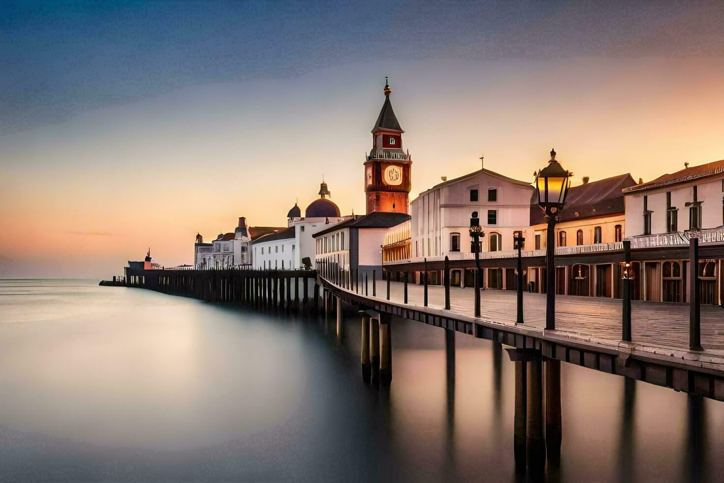 ein lange Exposition fotografieren von ein Seebrücke und Uhr Turm beim Sonnenuntergang. KI-generiert foto