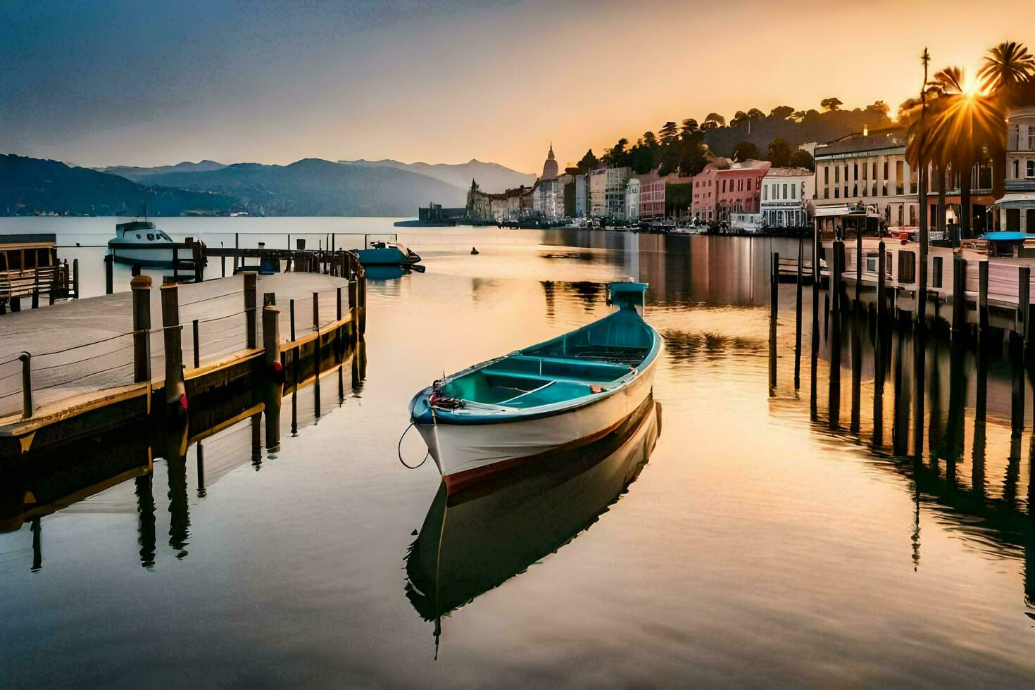 ein Boot sitzt auf das Dock beim Sonnenuntergang im ein Stadt. KI-generiert foto