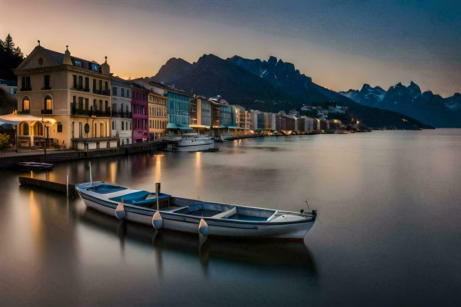 ein Boot sitzt auf das Wasser beim Dämmerung im Vorderseite von Gebäude. KI-generiert foto