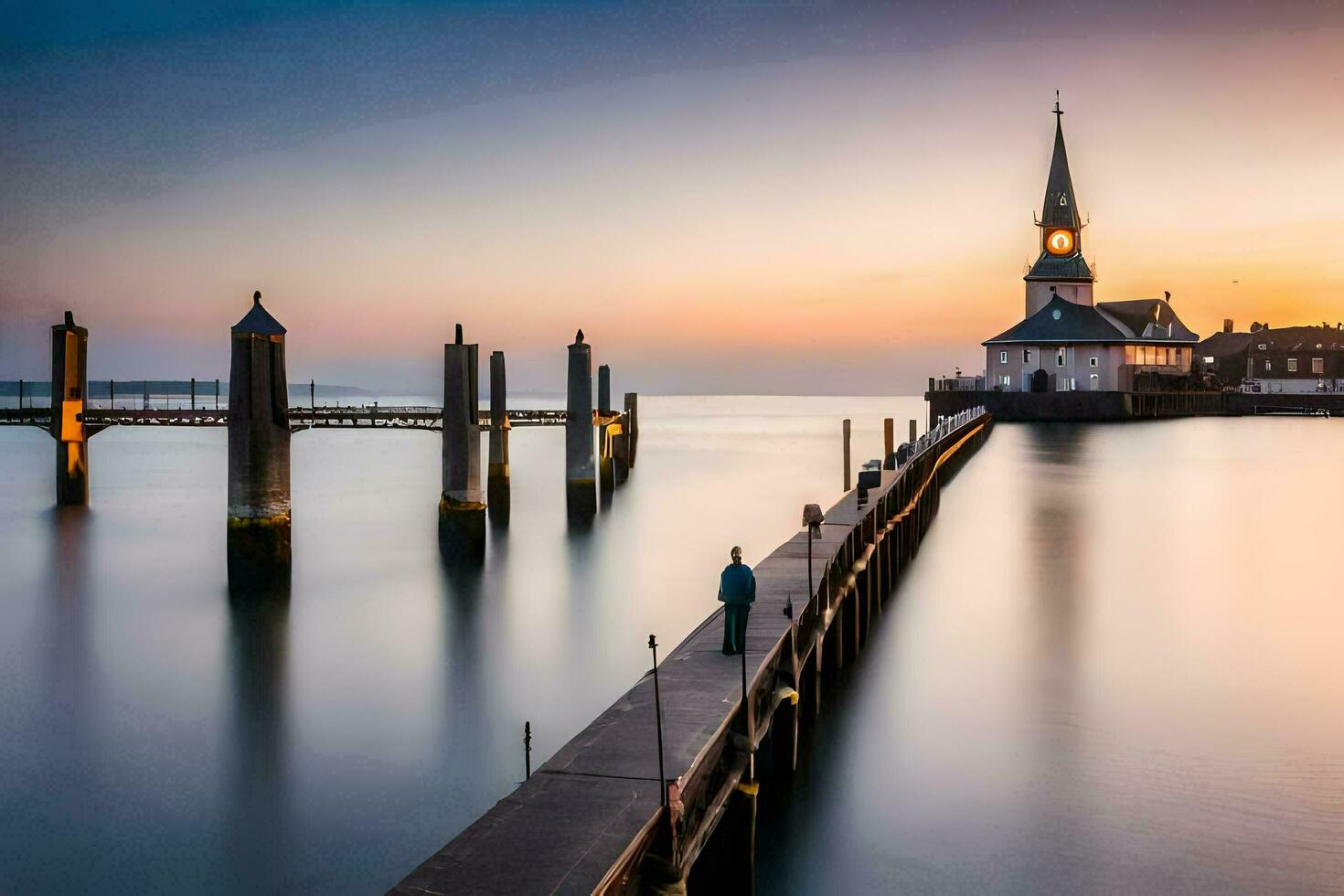 ein Kirche Seebrücke beim Sonnenuntergang mit ein Kirche Turm im das Hintergrund. KI-generiert foto