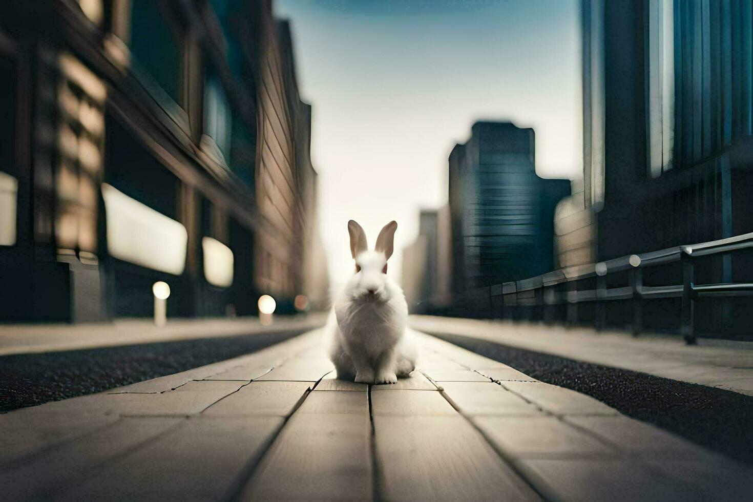 ein Hase ist Stehen im das Mitte von ein Stadt Straße. KI-generiert foto