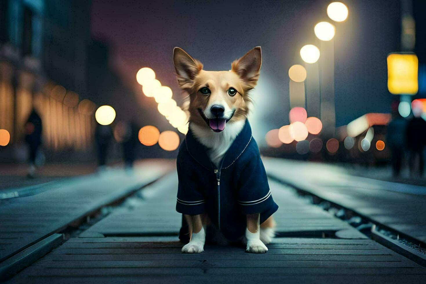ein Hund tragen ein Jacke Sitzung auf ein Zug Schiene. KI-generiert foto