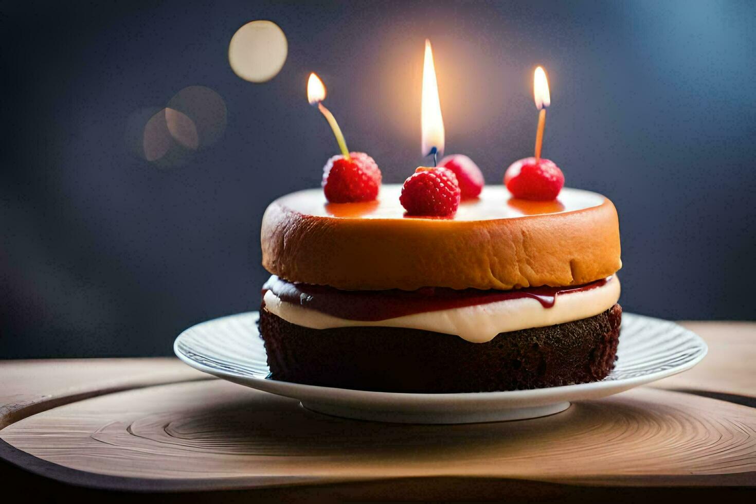 ein Geburtstag Kuchen mit Kerzen auf oben. KI-generiert foto