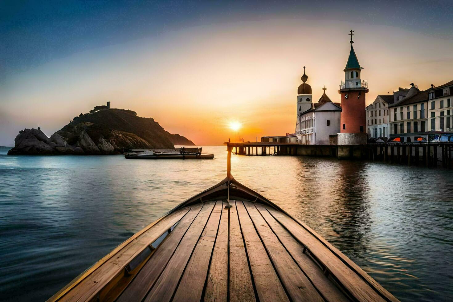 das Sonne setzt Über das Wasser und ein Boot im Vorderseite von ein Kirche. KI-generiert foto