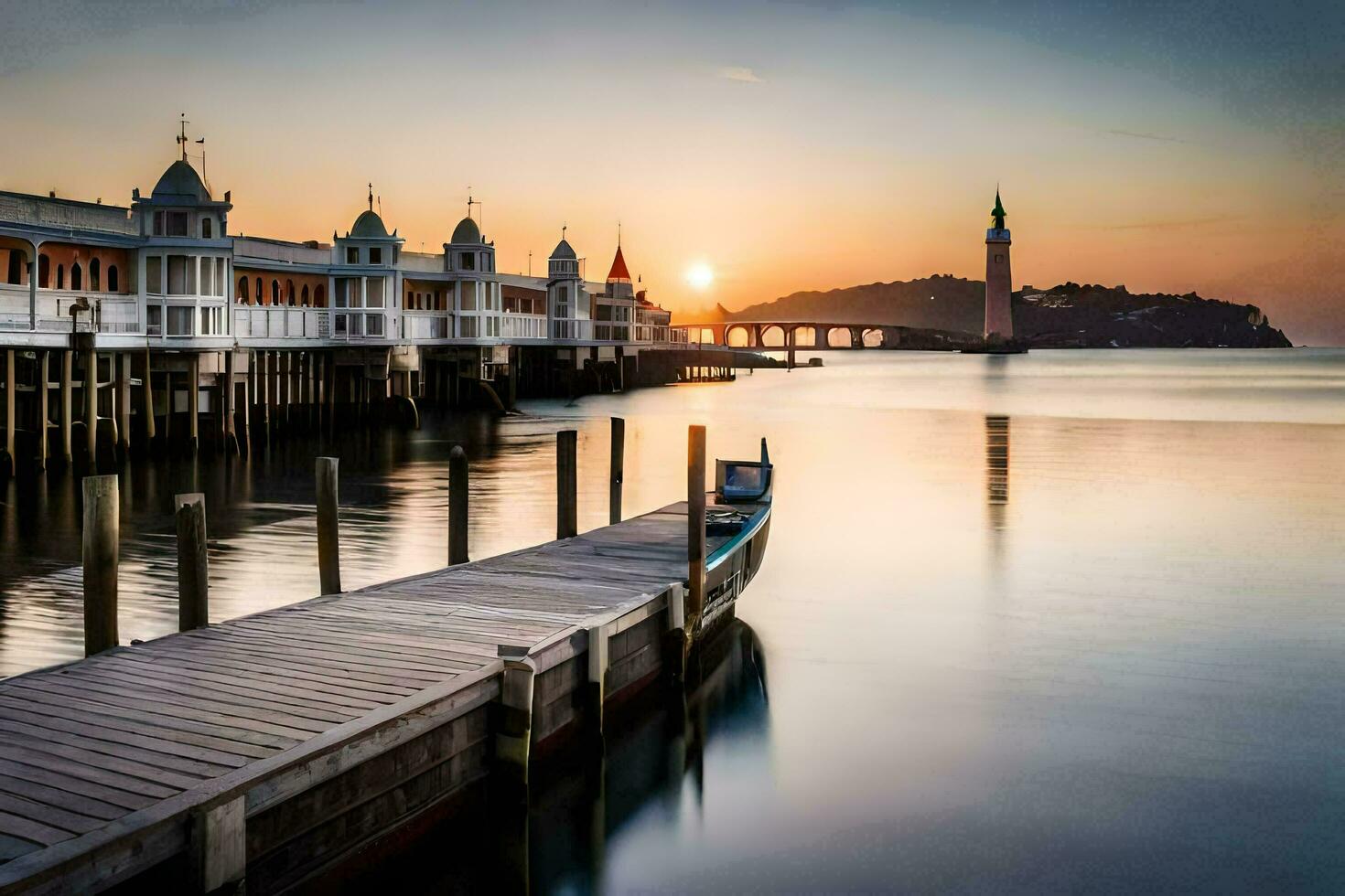 ein Boot Seebrücke beim Sonnenuntergang mit Gebäude im das Hintergrund. KI-generiert foto