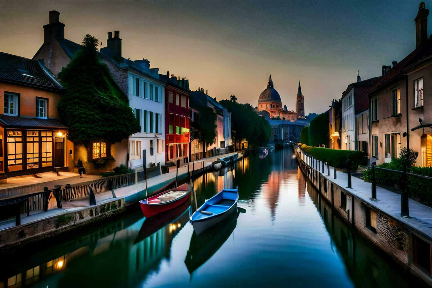 ein Kanal im das Mitte von ein Stadt beim Dämmerung. KI-generiert foto