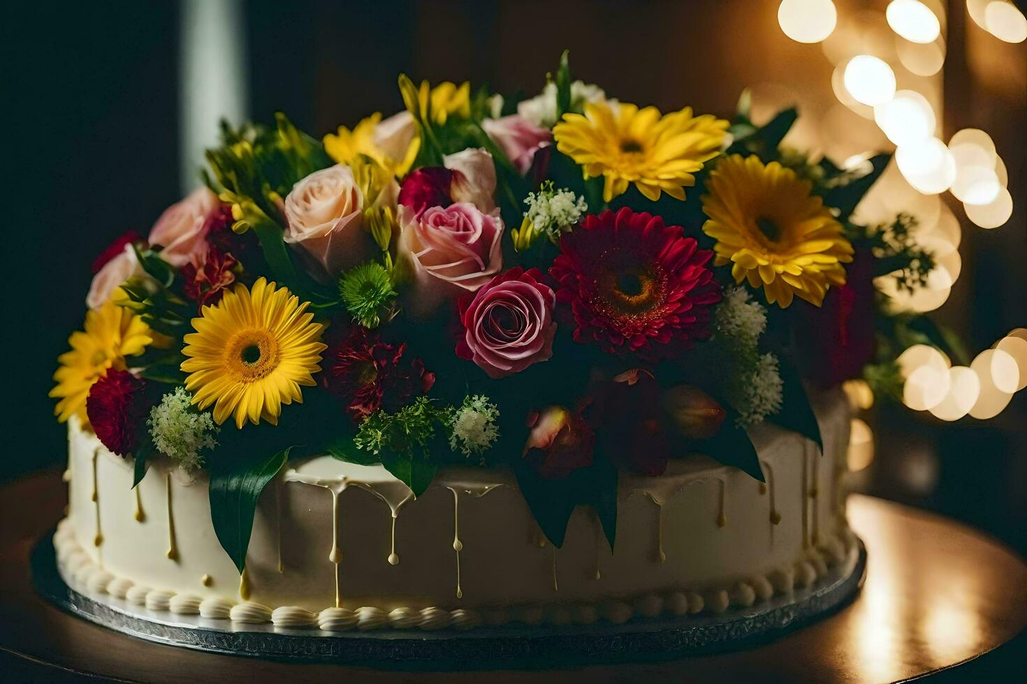 ein Kuchen mit Blumen auf oben von Es. KI-generiert foto