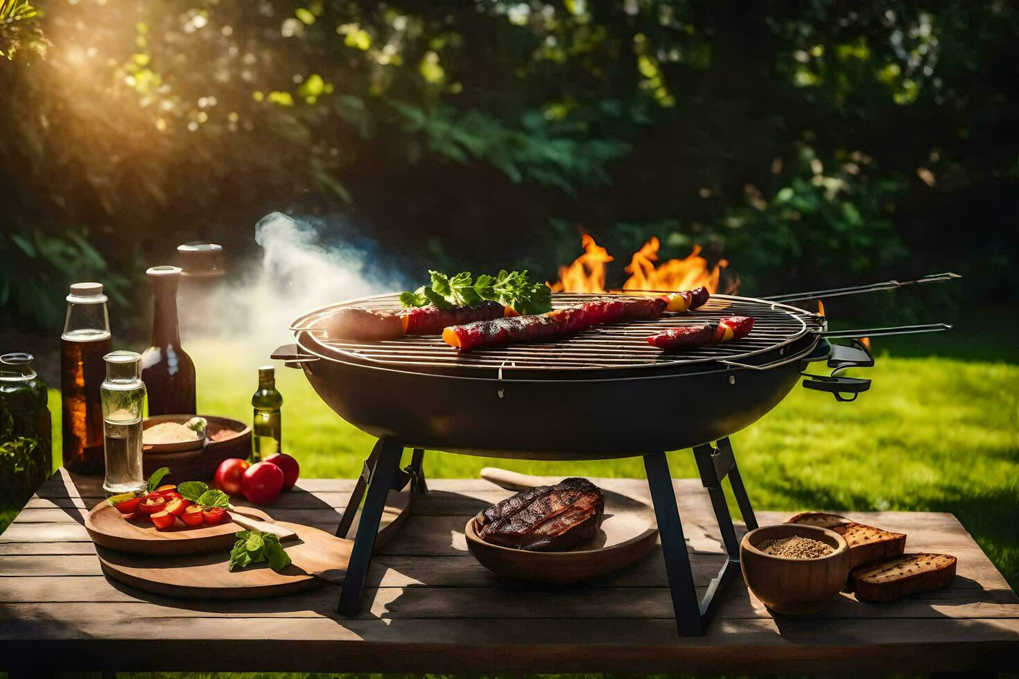 Grill Grill mit Essen und Getränke auf ein Tisch. KI-generiert foto