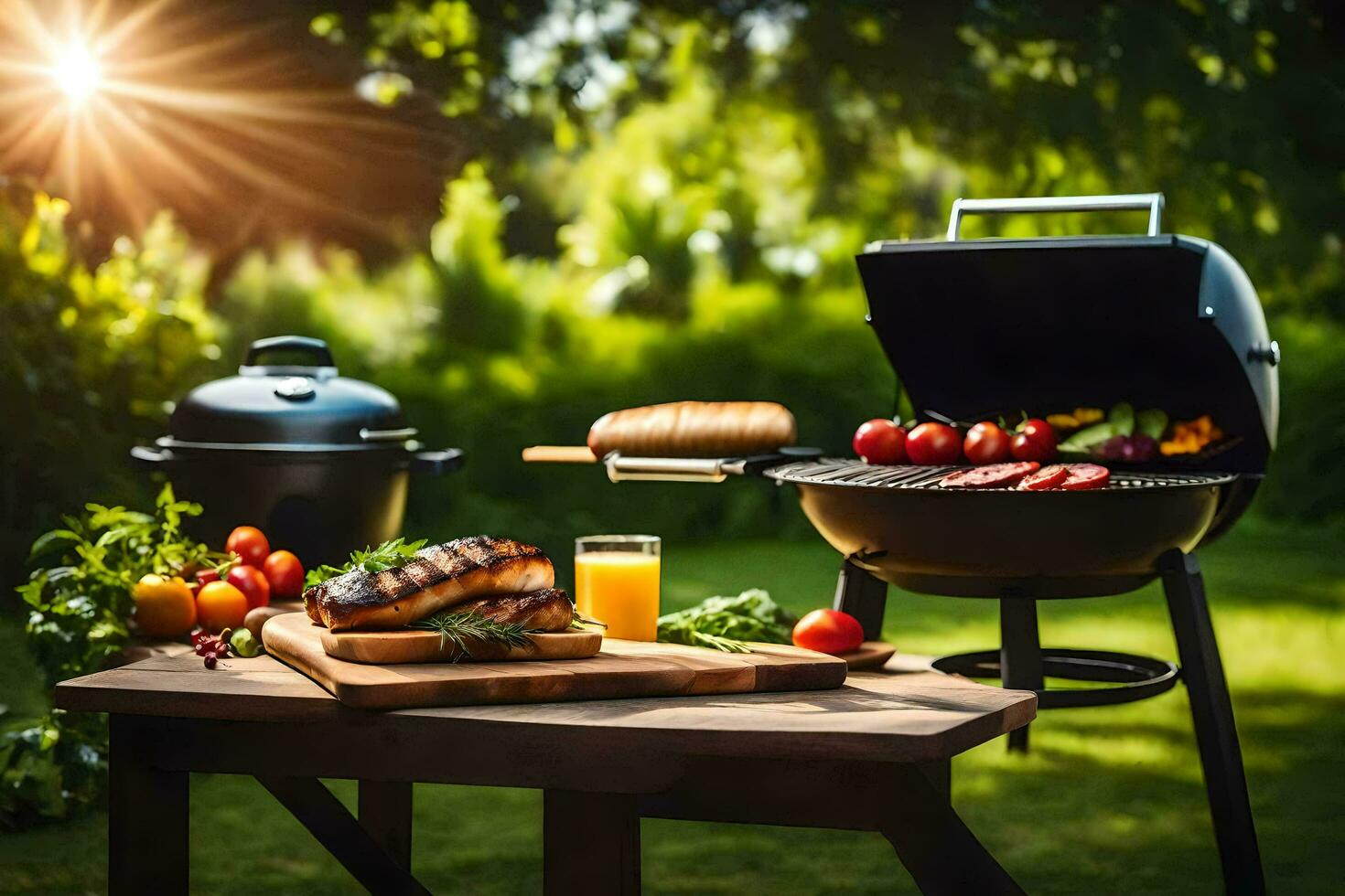 Grill Grill mit Gemüse und Fleisch auf ein Tisch. KI-generiert foto