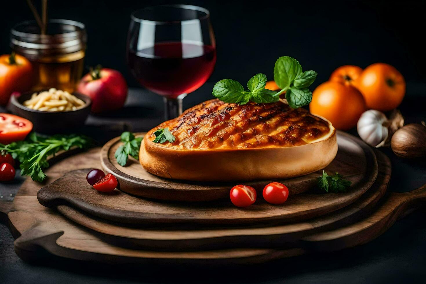 gegrillt Fleisch auf ein hölzern Tafel mit Gemüse und Wein. KI-generiert foto