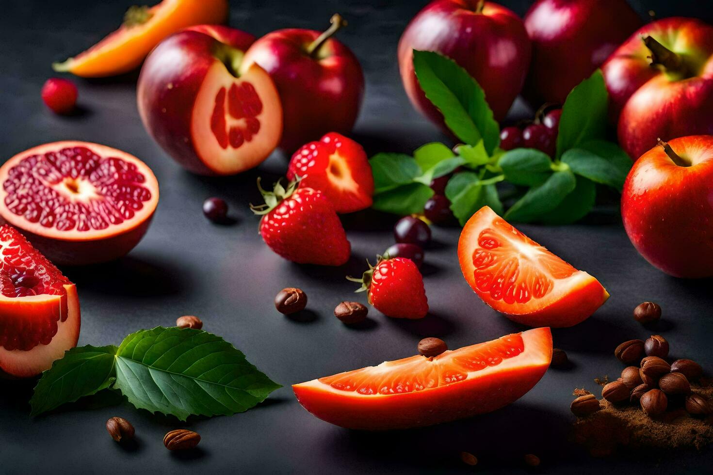 frisch Früchte und Beeren auf ein schwarz Hintergrund. KI-generiert foto