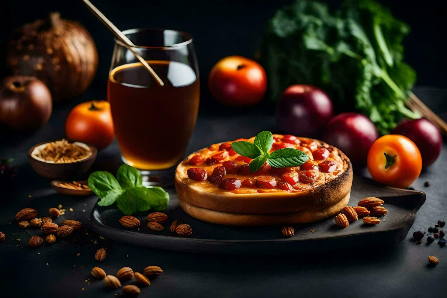 Apfel Kuchen mit ein Glas von Apfel Saft und frisch Früchte auf ein dunkel Hintergrund. KI-generiert foto