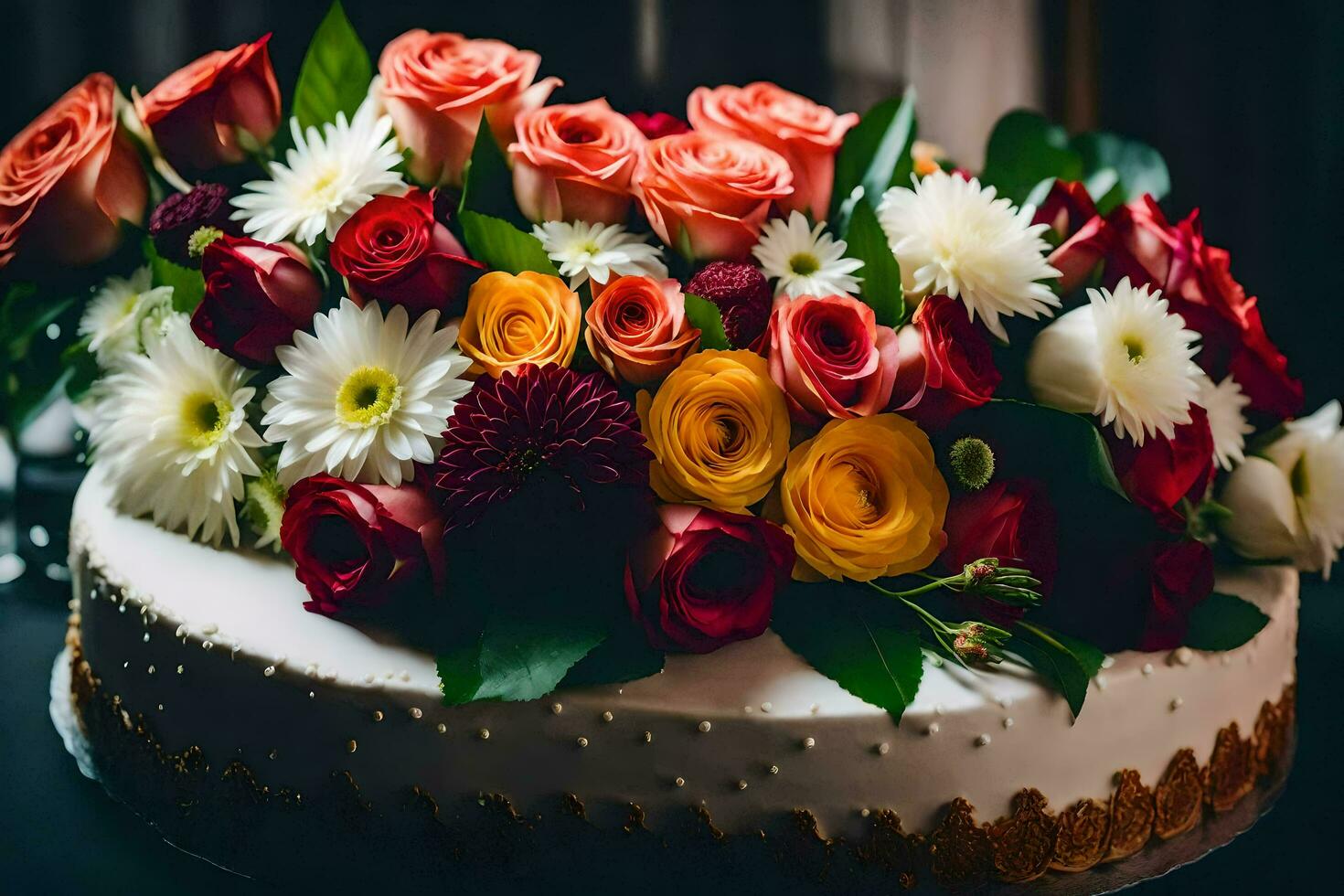 ein Kuchen mit bunt Blumen auf oben. KI-generiert foto