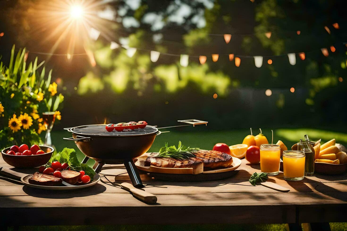 ein Picknick Tabelle mit Essen und Getränke auf Es. KI-generiert foto