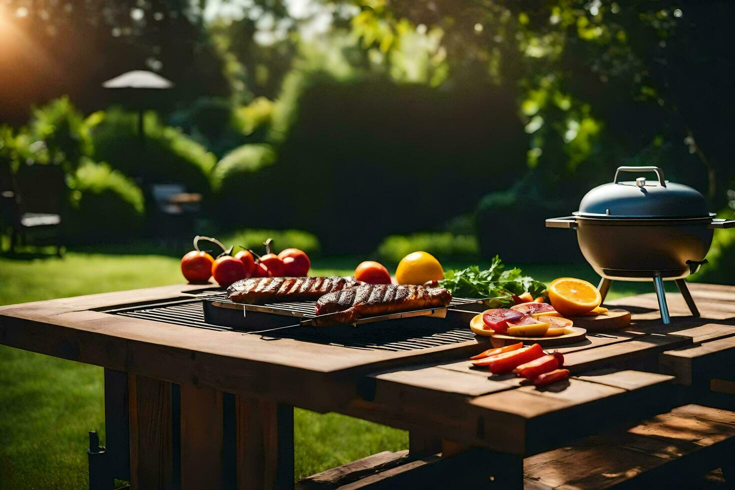 ein Grill auf ein Tabelle mit Gemüse und Frucht. KI-generiert foto