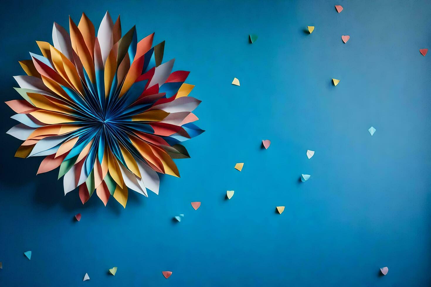 ein bunt Papier Blume auf ein Blau Mauer. KI-generiert foto