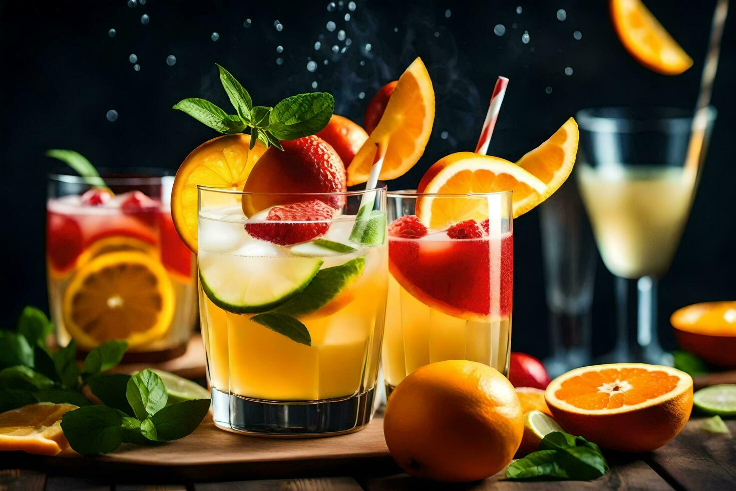 Cocktails mit Obst und Saft auf ein hölzern Tisch. KI-generiert foto