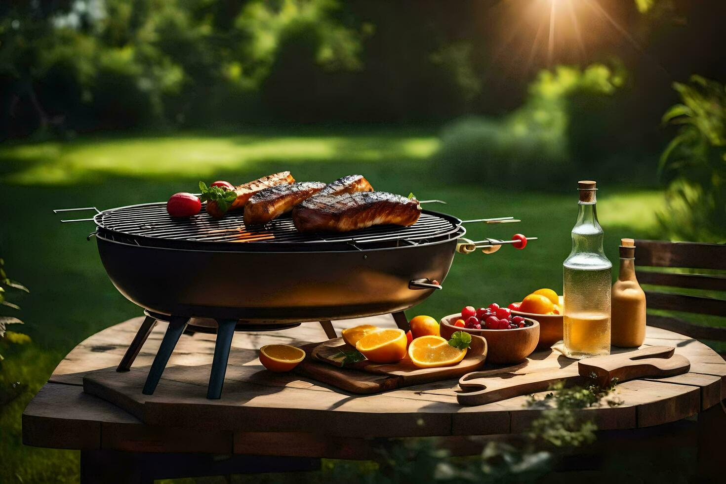 ein Grill Grill mit Fleisch und Obst auf Es. KI-generiert foto