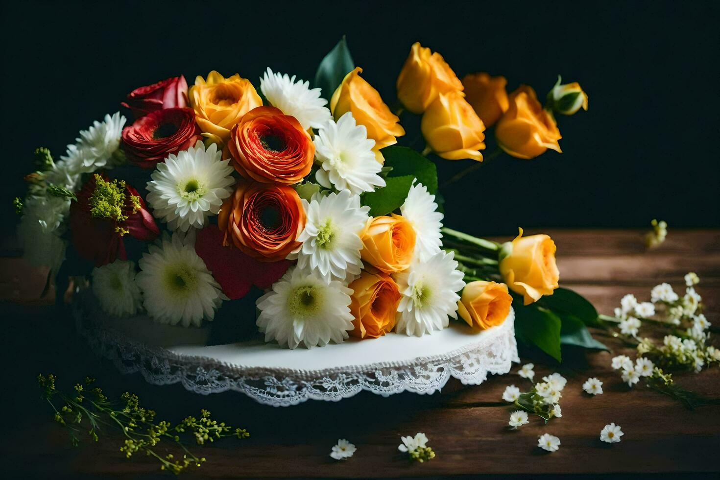 Strauß von Blumen auf ein Tisch. KI-generiert foto