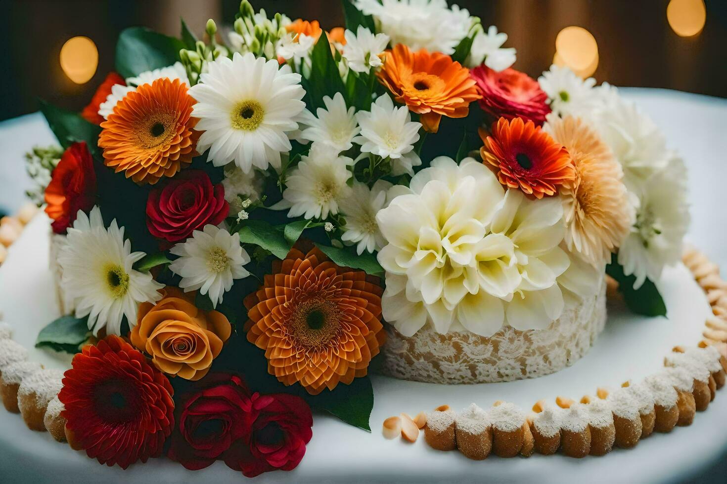 ein Hochzeit Kuchen mit Weiß und Orange Blumen. KI-generiert foto