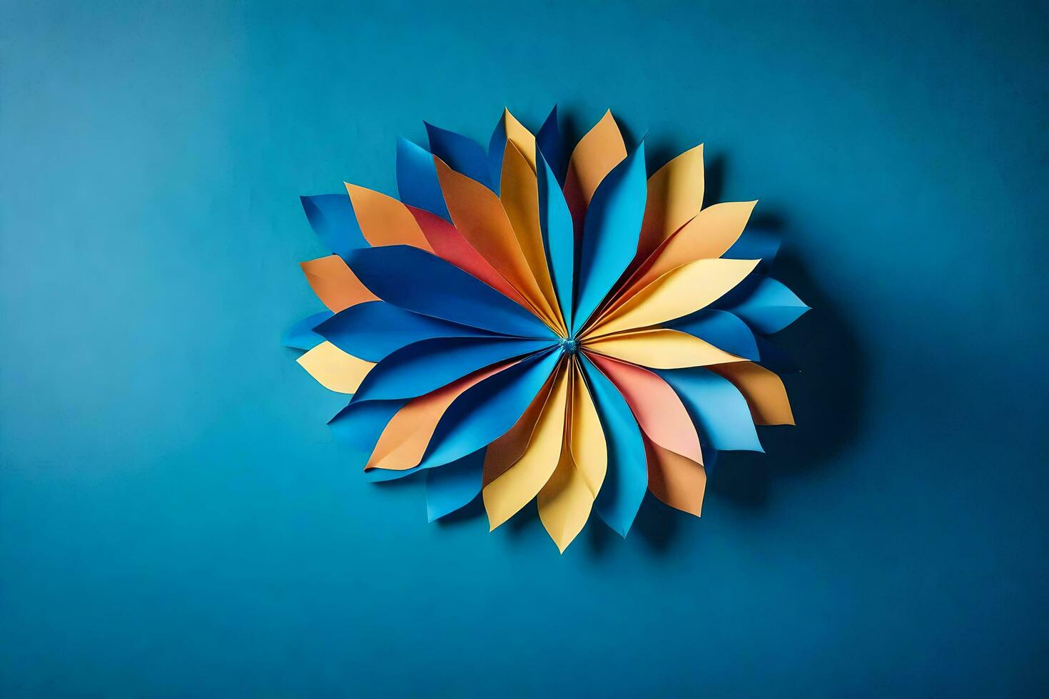 ein bunt Papier Blume auf ein Blau Mauer. KI-generiert foto