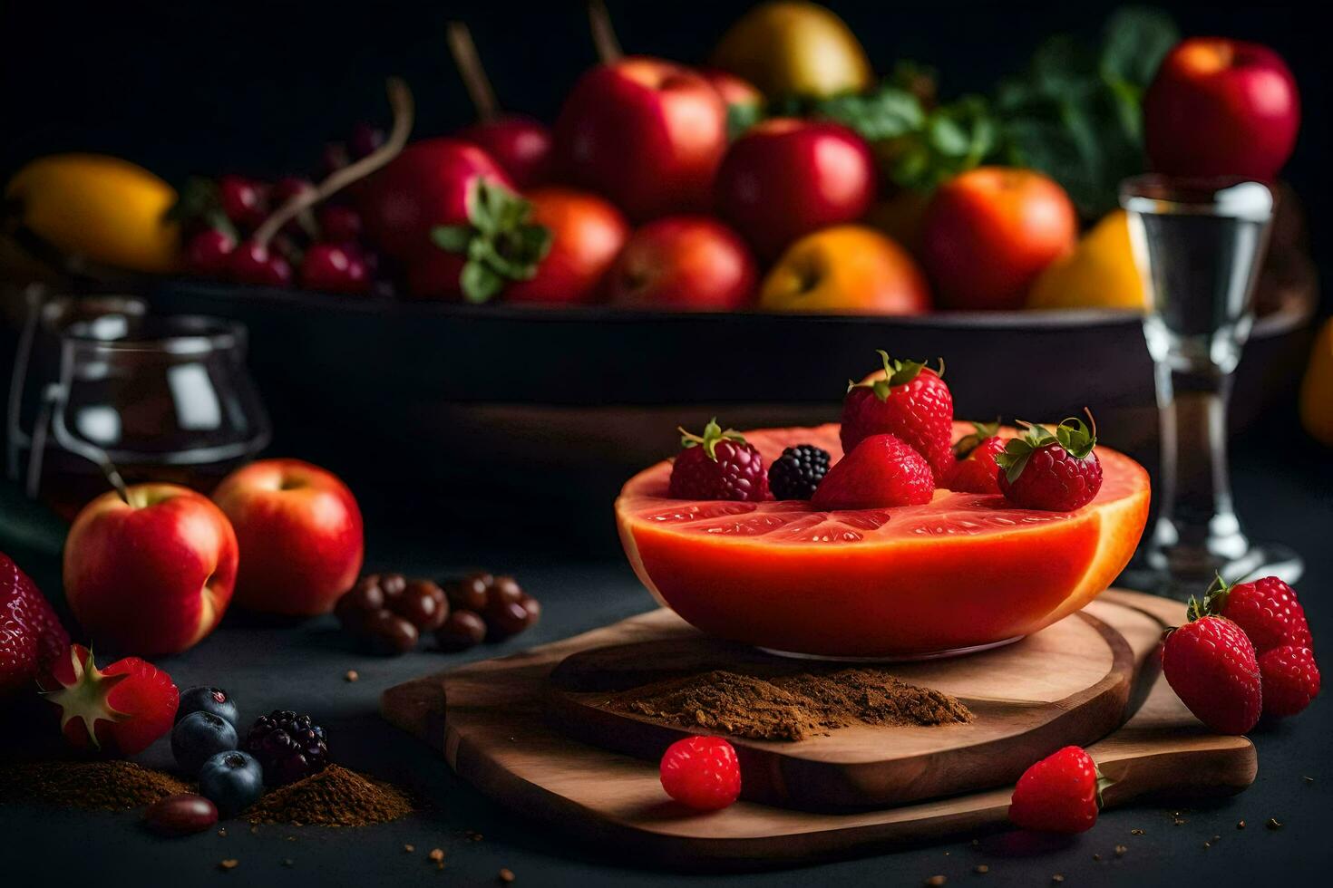 Obst im ein Schüssel mit Gewürze und andere Zutaten. KI-generiert foto