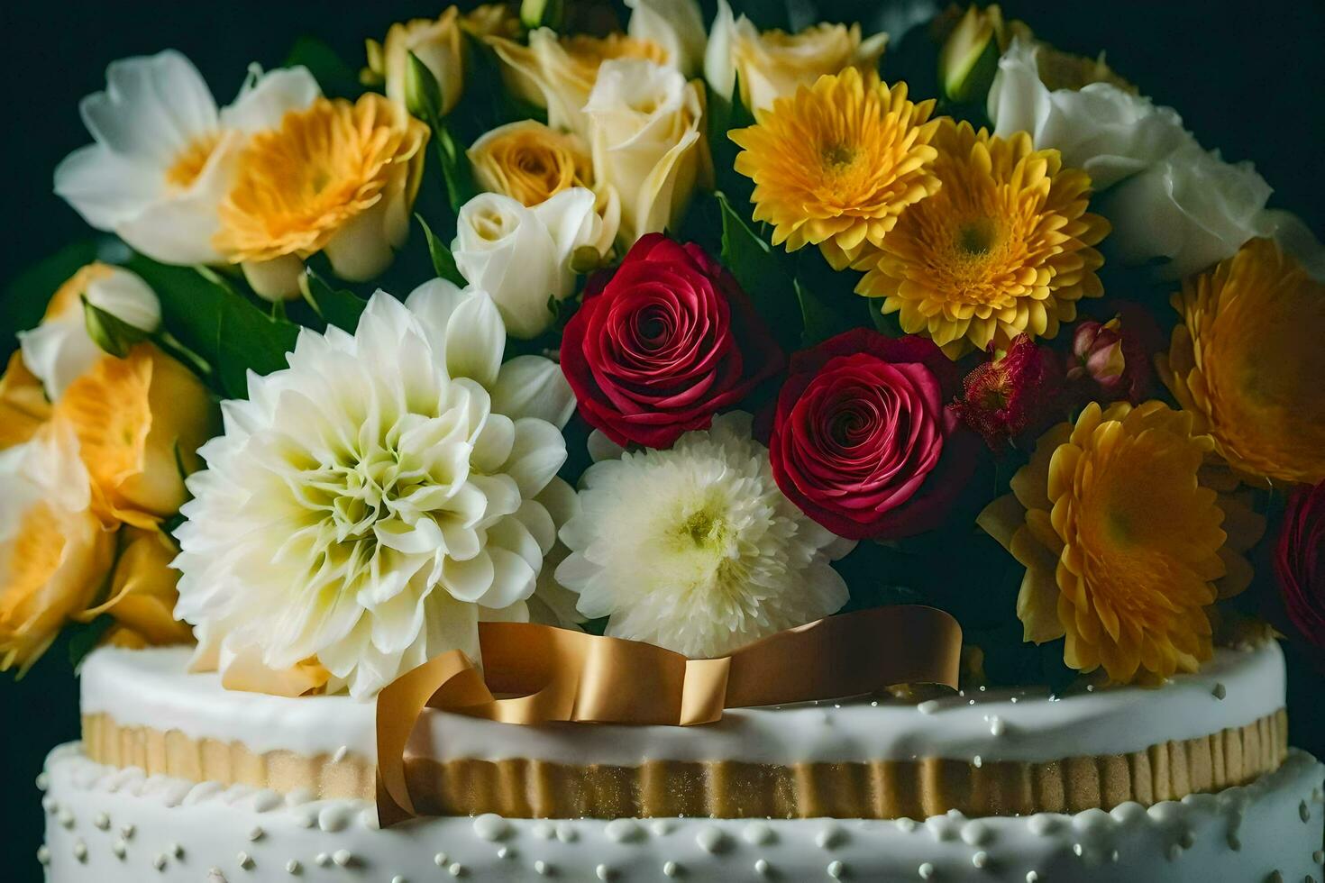 ein Hochzeit Kuchen mit Blumen auf oben. KI-generiert foto