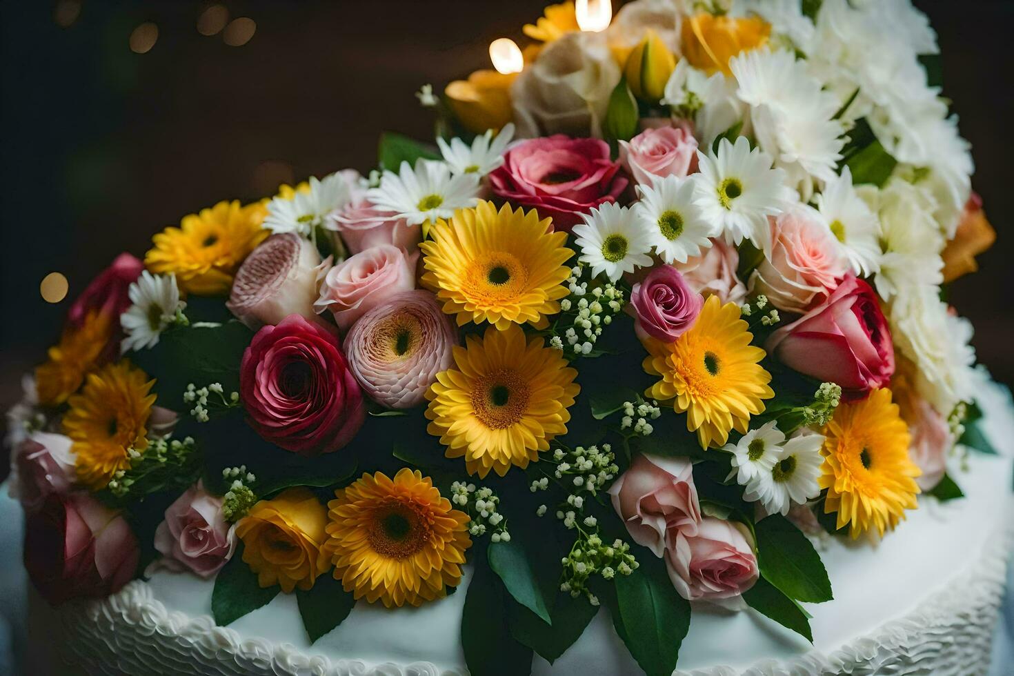 ein Hochzeit Kuchen mit Blumen auf oben. KI-generiert foto