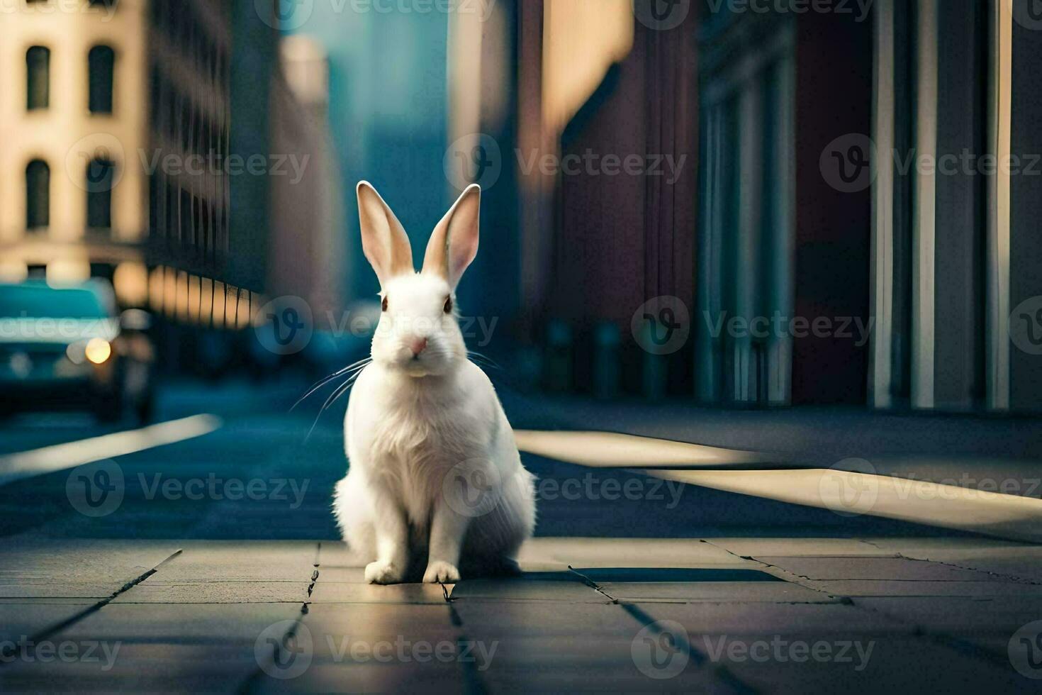 ein Weiß Hase Sitzung auf das Boden im ein Stadt. KI-generiert foto