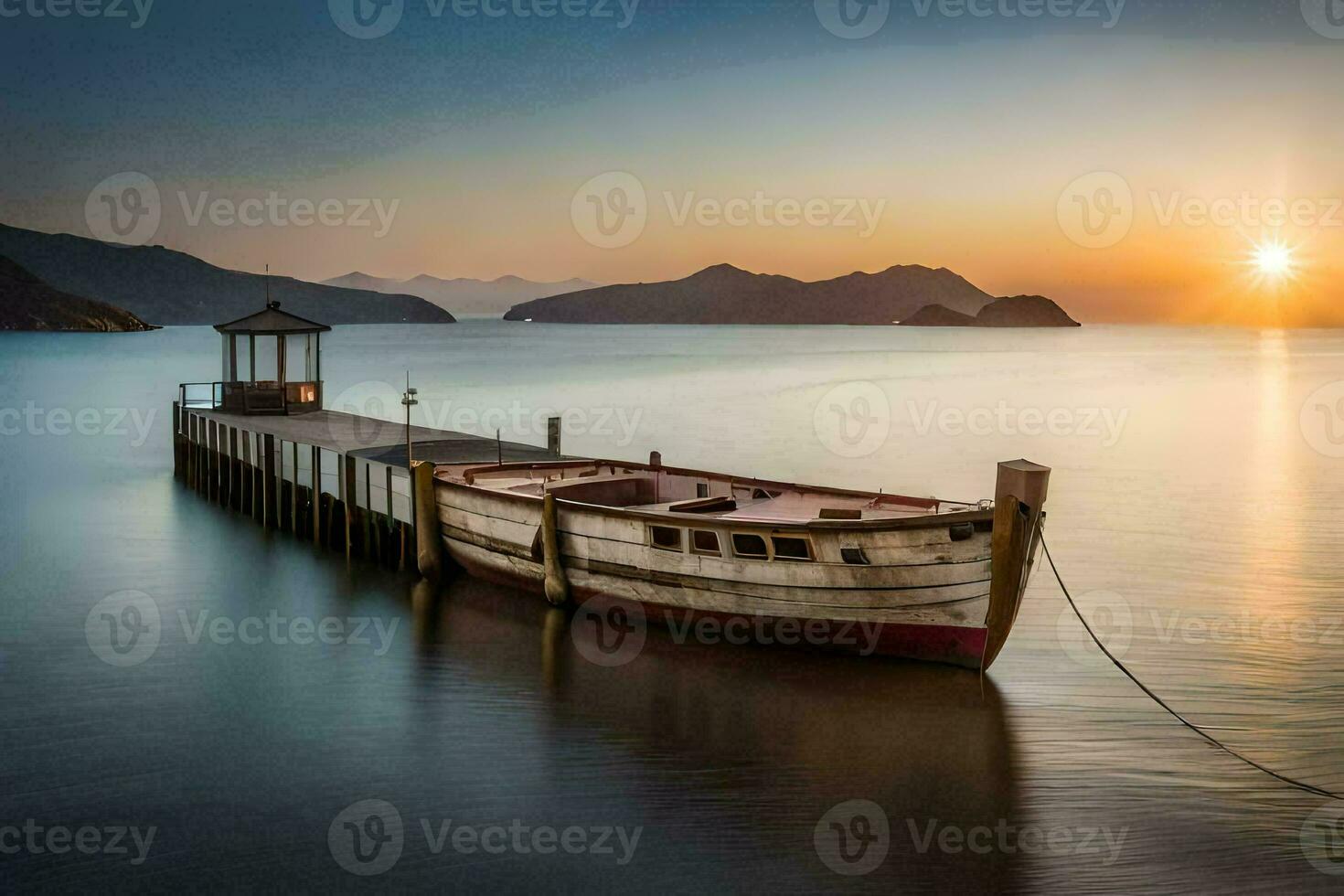 ein Boot sitzt auf das Dock beim Sonnenuntergang. KI-generiert foto