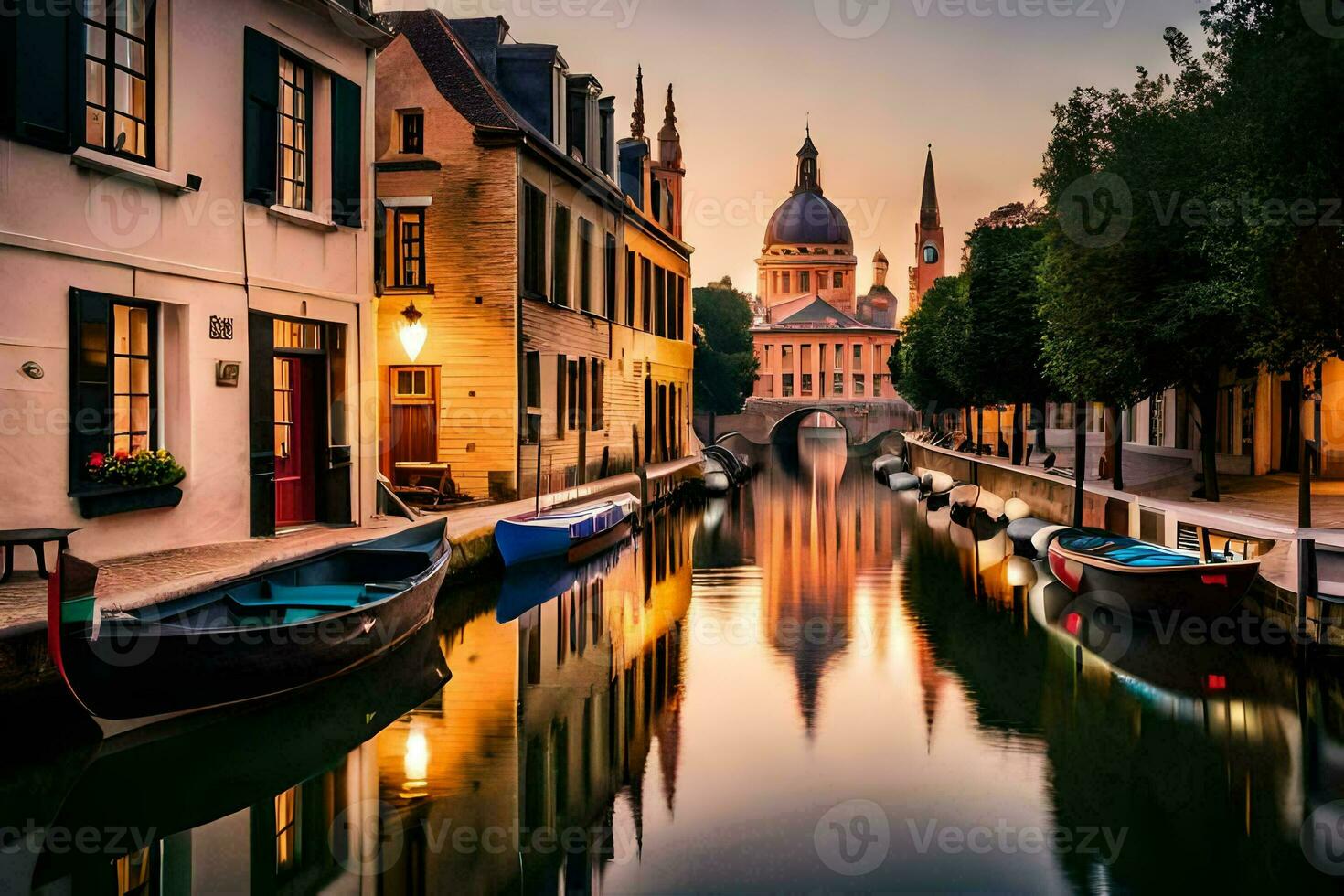 Boote sind angedockt im ein Kanal beim Sonnenuntergang. KI-generiert foto