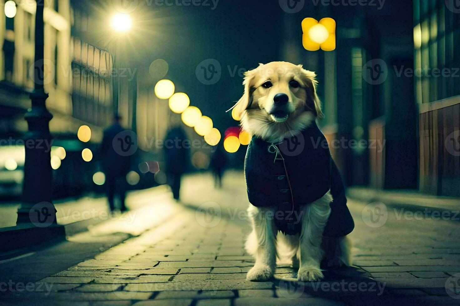 ein Hund tragen ein Jacke auf ein Straße beim Nacht. KI-generiert foto