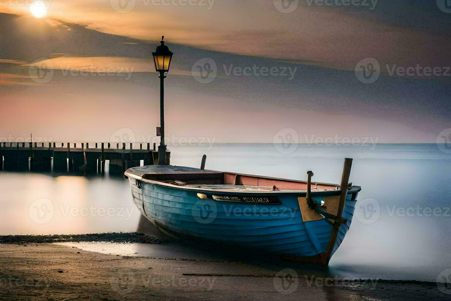 ein Boot sitzt auf das Strand beim Sonnenuntergang. KI-generiert foto