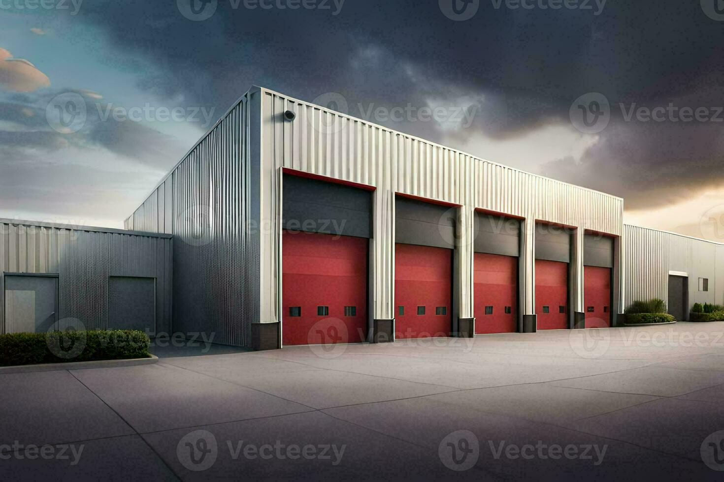 ein groß industriell Gebäude mit rot Türen. KI-generiert foto