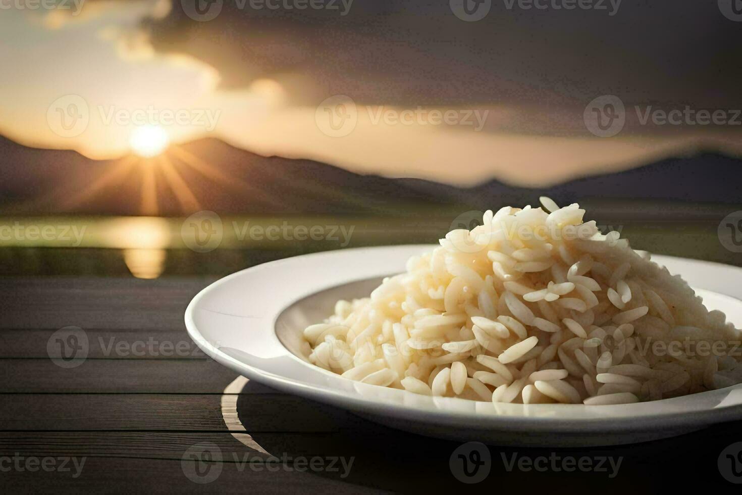 ein Teller von Reis auf ein Tabelle mit das Sonne Einstellung. KI-generiert foto